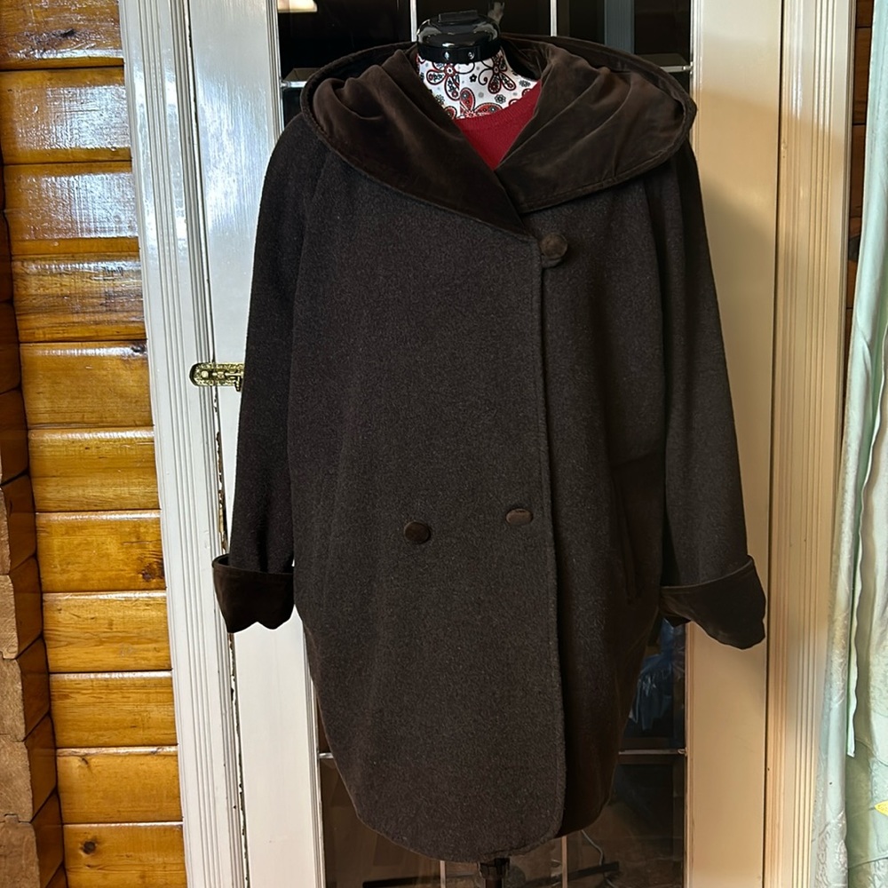 Vintage Dark Brown Wool Blend Hooded Car Coat Oversized Velvet Trim Size 38